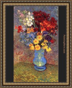 Floral Still Life in a Blue And White Porcelain Vase Framed Paintings - Still life with a vase margin rites and anemones by Vincent van Gogh