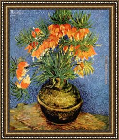 Floral Still Life in a Blue And White Porcelain Vase Framed Paintings - Still Life with imperial crowns in a bronze vase by Vincent van Gogh