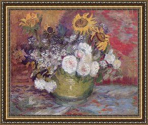 Rose Framed Paintings - Still life with roses and sunflowers by Vincent van Gogh