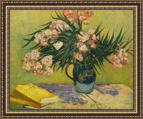 Her Favorite Book Framed Paintings - Vase with Oleanders and Books by Vincent van Gogh