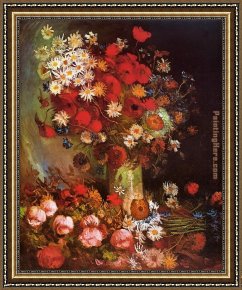 Poppies Framed Paintings - Vase with Poppies Cornflowers Peonies and Chrysanthemums by Vincent van Gogh