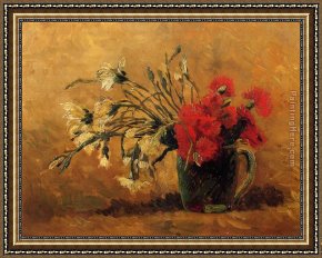 Floral Still Life in a Blue And White Porcelain Vase Framed Paintings - Vase with Red and White Carnations on a Yellow Background by Vincent van Gogh