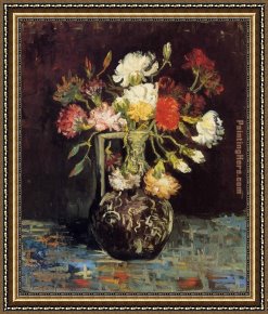 Floral Still Life in a Blue And White Porcelain Vase Framed Paintings - Vase with White and Red Carnations by Vincent van Gogh