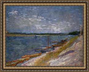 Boat Framed Paintings - View of a River with Rowing Boats by Vincent van Gogh