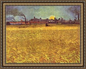 Wheatfield Under Thunderclouds Framed Paintings - WheatField at Sunset by Vincent van Gogh