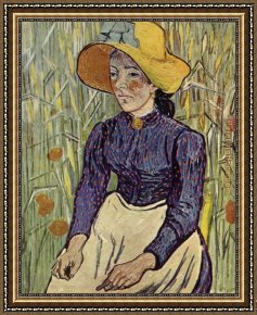 Wheat Framed Paintings - Young Peasant Woman with Straw Hat Sitting in the Wheat by Vincent van Gogh