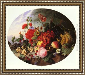 Flower of Life Framed Paintings - Still Life With Fruit and Flowers on a Rocky Ledge by Virginie de Sartorius