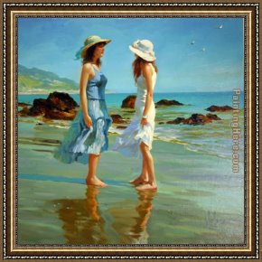 Eze-sur-mer Framed Paintings - Dames Sur La Plage by Vladimir Volegov