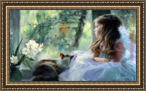 Waterhouse Gather Flower Girls Framed Paintings - Girl Cat Vase with Flowers by Vladimir Volegov