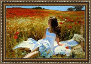 Mountain Poppies III Framed Paintings - Picnic amongst the Poppies by Vladimir Volegov