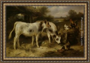 Feeding Framed Paintings - Calves and Hens Feeding by Walter Hunt