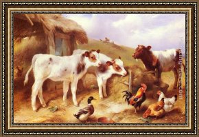 Mallard Duck Framed Paintings - Calves, Chicken and a Duck by Walter Hunt