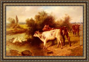 Calves Watering Framed Paintings - Calves Watering by Walter Hunt