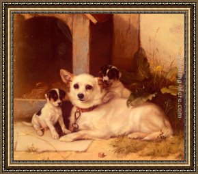 Mother And Puppies Resting Framed Paintings - Mother And Puppies Resting by Walter Hunt