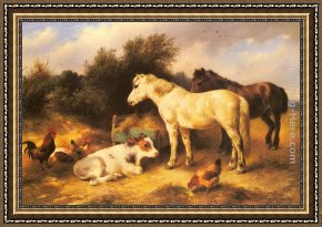 Ponies, a Calf And Poultry in a Farmyard Framed Paintings - Ponies, A Calf and Poultry In a Farmyard by Walter Hunt
