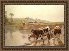 Cattle in a Pasture Framed Paintings - Cattle In A Pasture by Wenceslas Vacslav Brozik