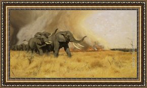 Wilhelm Velten Framed Paintings - Elephants Moving Before a Veldt Fire by Wilhelm Kuhnert