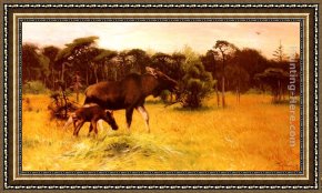 Ponies, a Calf And Poultry in a Farmyard Framed Paintings - Moose with her Calf in a Landscape by Wilhelm Kuhnert