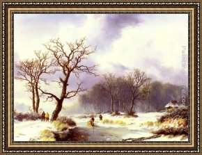 A Winter Landscape with Skaters Near a Village Framed Paintings - A Winter Landscape by Willem Bodemann