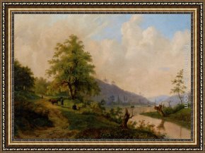 A River Landscape in Springtime Framed Paintings - Figures in a River Landscape by Willem Bodemann
