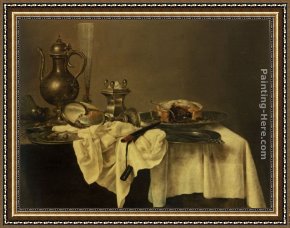 The Stirrup Cup Framed Paintings - A blackberry pie, an upturned cup, salt cellar, wine ewer, roemer knife, tablecloth draped peweter plates by Willem Claesz Heda