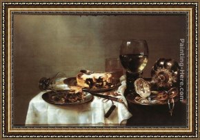Breakfast Framed Paintings - Breakfast Table with Blackberry Pie by Willem Claesz Heda