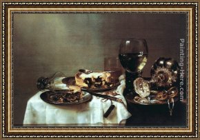 Breakfast Framed Paintings - Breakfast with Blackberry Pie by Willem Claesz Heda