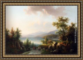 Landscape with a Lake Framed Paintings - A Wooded Hilly Landscape With Travellers On  A Track Near A Lake by Willem De Klerk