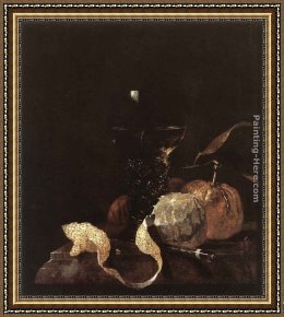 Oranges Framed Paintings - Still-Life with Lemon, Oranges and Glass of Wine by Willem Kalf