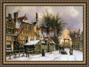 Village Street And Stairs with Figures Framed Paintings - A Townview with Figures on a Snow Covered Street by Willem Koekkoek