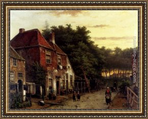 Village Street And Stairs with Figures Framed Paintings - Figures in a Dutch Street by Willem Koekkoek