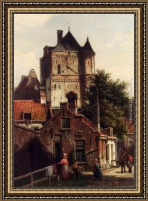 Village Street And Stairs with Figures Framed Paintings - Figures In The Streets Of Harderwijk by Willem Koekkoek