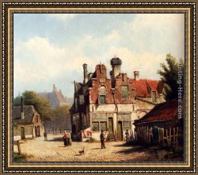 Village Street And Stairs with Figures Framed Paintings - Houses Along A Village Street In Summer by Willem Koekkoek