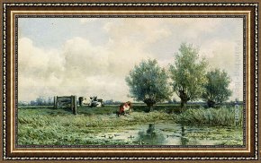 A Milkmaid with Her Cows on a Summer Day Framed Paintings - A Summer Landscape With Grazing Cows by Willem Roelofs