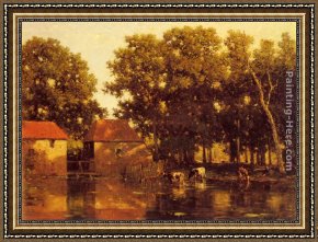 A River Landscape in Springtime Framed Paintings - A Sunlit River Landscape With Cows Watering by Willem Roelofs