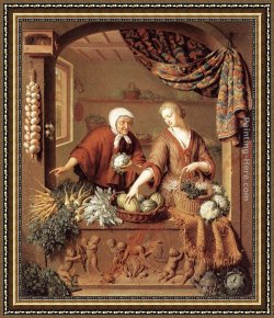 Frans Van Mieris Framed Paintings - The Greengrocer by Willem Van Mieris