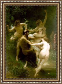 Bouguereau Framed Paintings - Nymphs and Satyr. by William Bouguereau