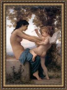 The Education of Cupid Framed Paintings - Young Girl Defending herself against Cupid by William Bouguereau