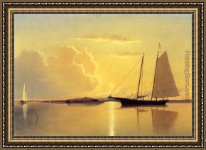 East Boothbay Harbor Framed Paintings - Schooner in Fairhaven Harbor, Sunrise by William Bradford