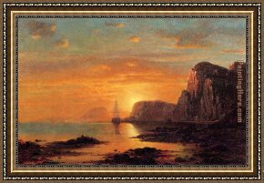 Seascapes Framed Paintings - Seascape, Cliffs at Sunset by William Bradford