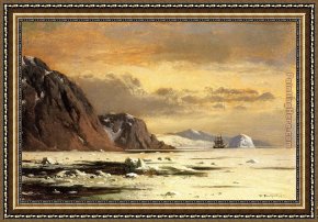 The Icebergs Framed Paintings - Seascape with Icebergs by William Bradford