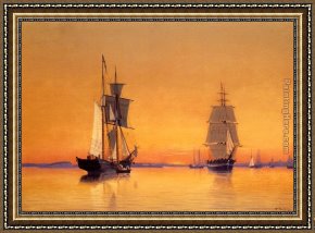 East Boothbay Harbor Framed Paintings - Ships in Boston Harbor at Twilight by William Bradford