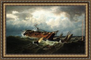 Shipwreck Framed Paintings - Shipwreck off Nantucket by William Bradford