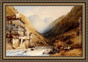 Figures Framed Paintings - A Figure Fishing In A Mountain Stream by William Callow