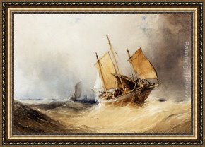 Open Framed Paintings - A Fishing Smack And Other Shipping On Open Seas by William Callow