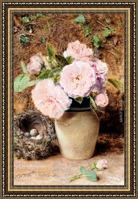 Birds Framed Paintings - Still Life With Roses In A Vase And A Birds Nest by William Henry Hunt
