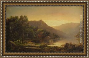 Sunrise Framed Paintings - New England Mountain Lake at Sunrise by William Louis Sonntag