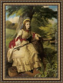 The Departure of The Fishing Fleet Framed Paintings - A Young Lady Fishing by William Maw Egley
