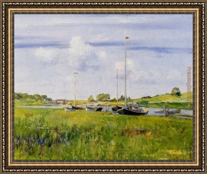 Boat Framed Paintings - At The Boat Landing by William Merritt Chase