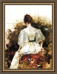 Portrait of a Woman Framed Paintings - Portrait of a Woman in a White Dress by William Merritt Chase